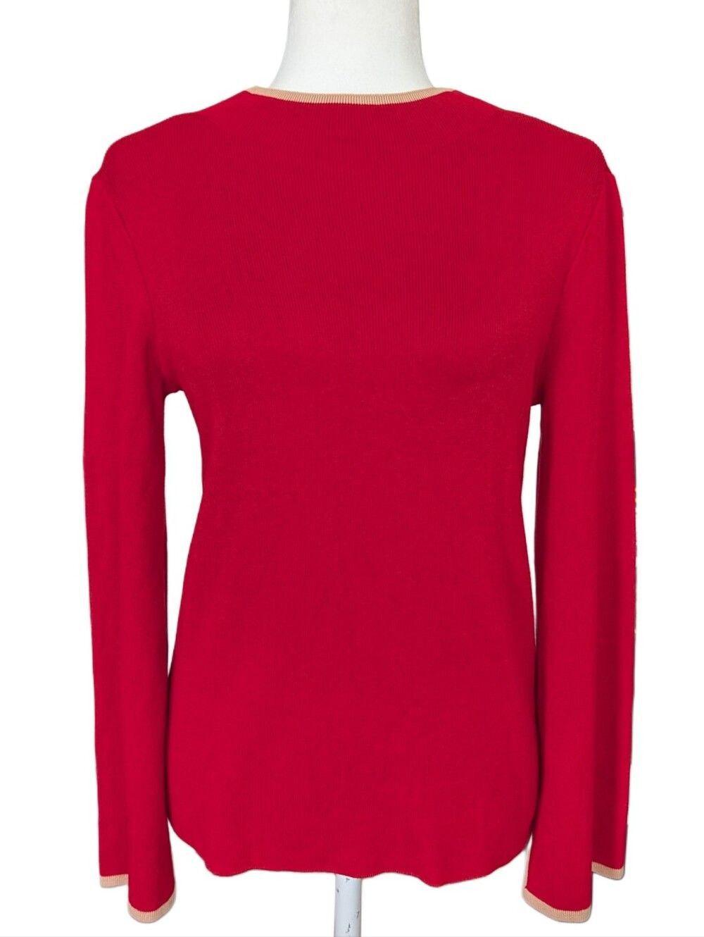 Halogen Womens Ultra Red Tan Bell Sleeves Crewneck Sweater NWT Size Small